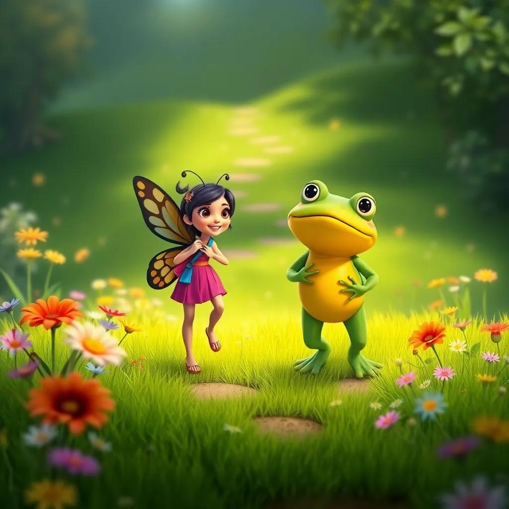 Bianca the butterfly and Tico the frog chatting happily, as they walk uphill toward an adventure, surrounded by green grass and colorful flowers, joyful atmosphere, bright colors