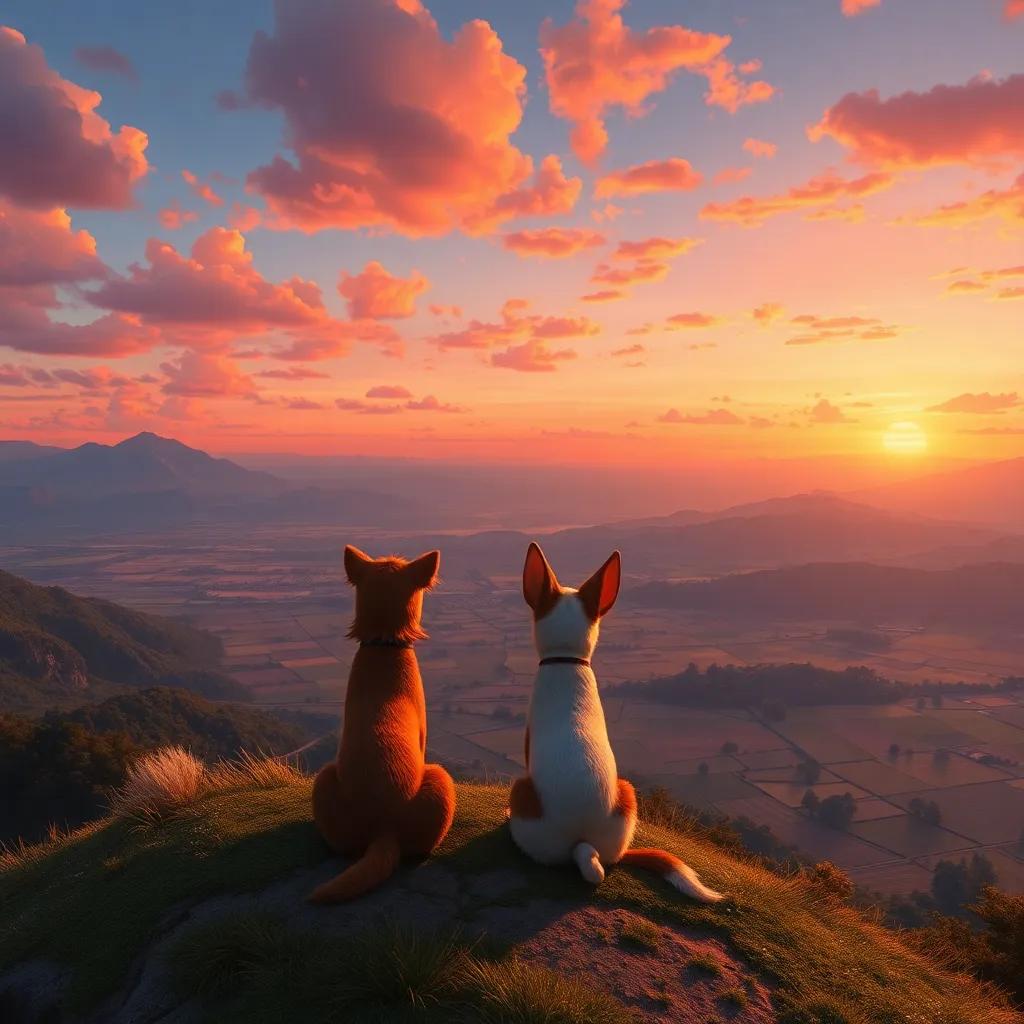 Bianca and Tico at the top of a hill overlooking a stunning landscape of fields and mountains, sunset painting the sky orange and pink, magical and breathtaking view, detailed digital art