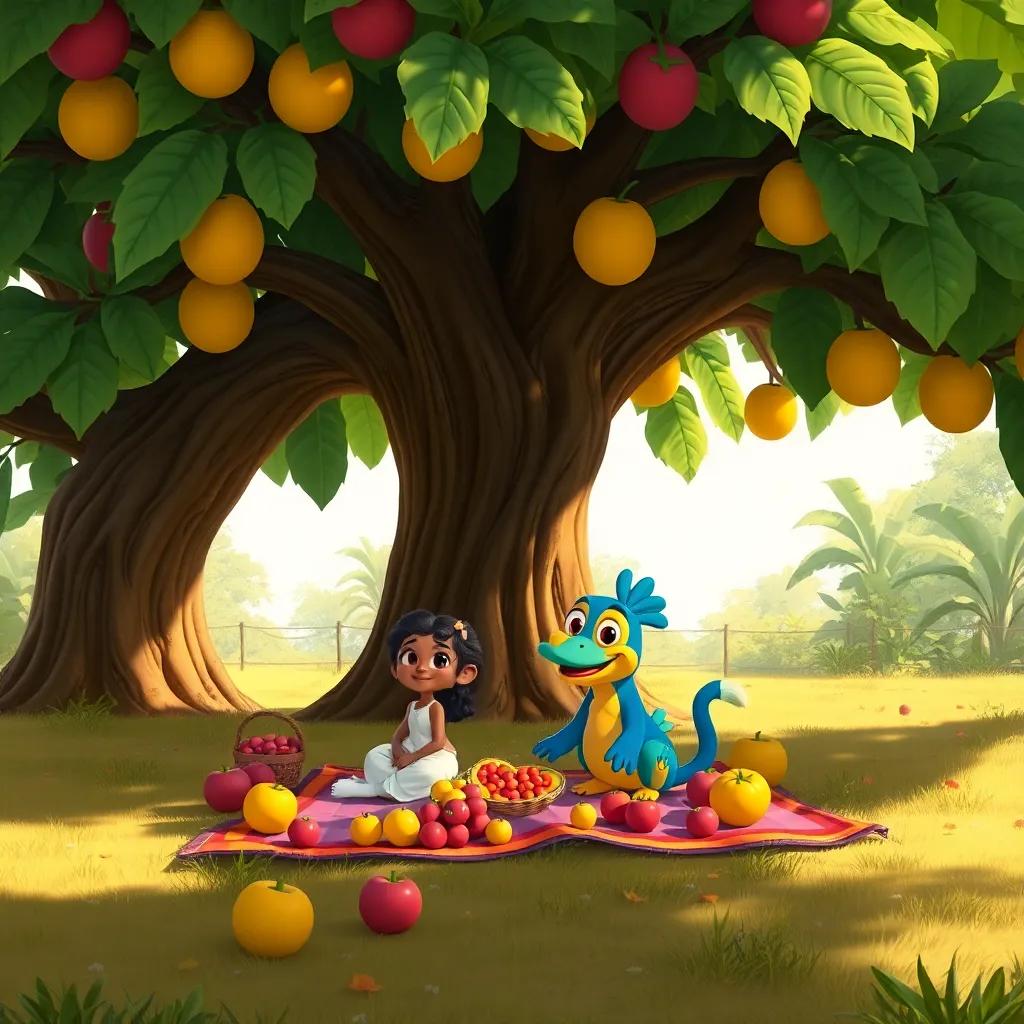 A giant fruit tree providing shade, with Bianca and Tico having a picnic on a blanket, colorful fruits scattered around them, warm and inviting scene, cheerful