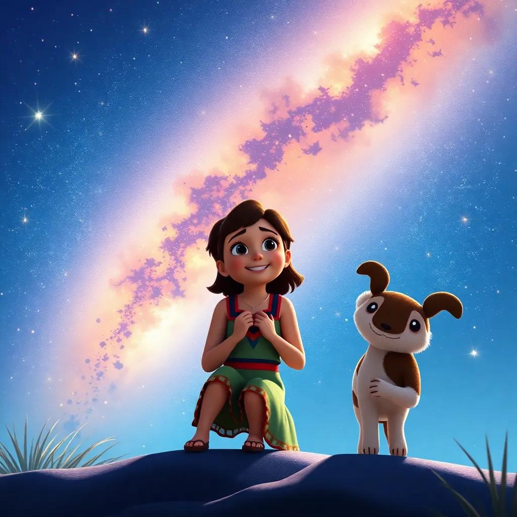 Bianca sharing her dreams with Tico about traveling the world, stars starting to twinkle in the sky, creating a magical atmosphere, high quality