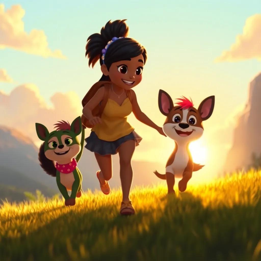 Bianca and Tico happily walking back down the hill, excited for their next adventure, glowing sunset casting beautiful light around them, uplifting, magical feeling.