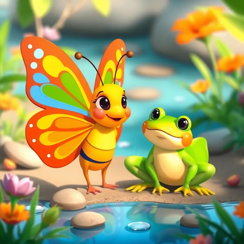 A colorful butterfly and a friendly frog exploring together in a vibrant setting, showcasing friendship and adventure, child-friendly illustration, high quality