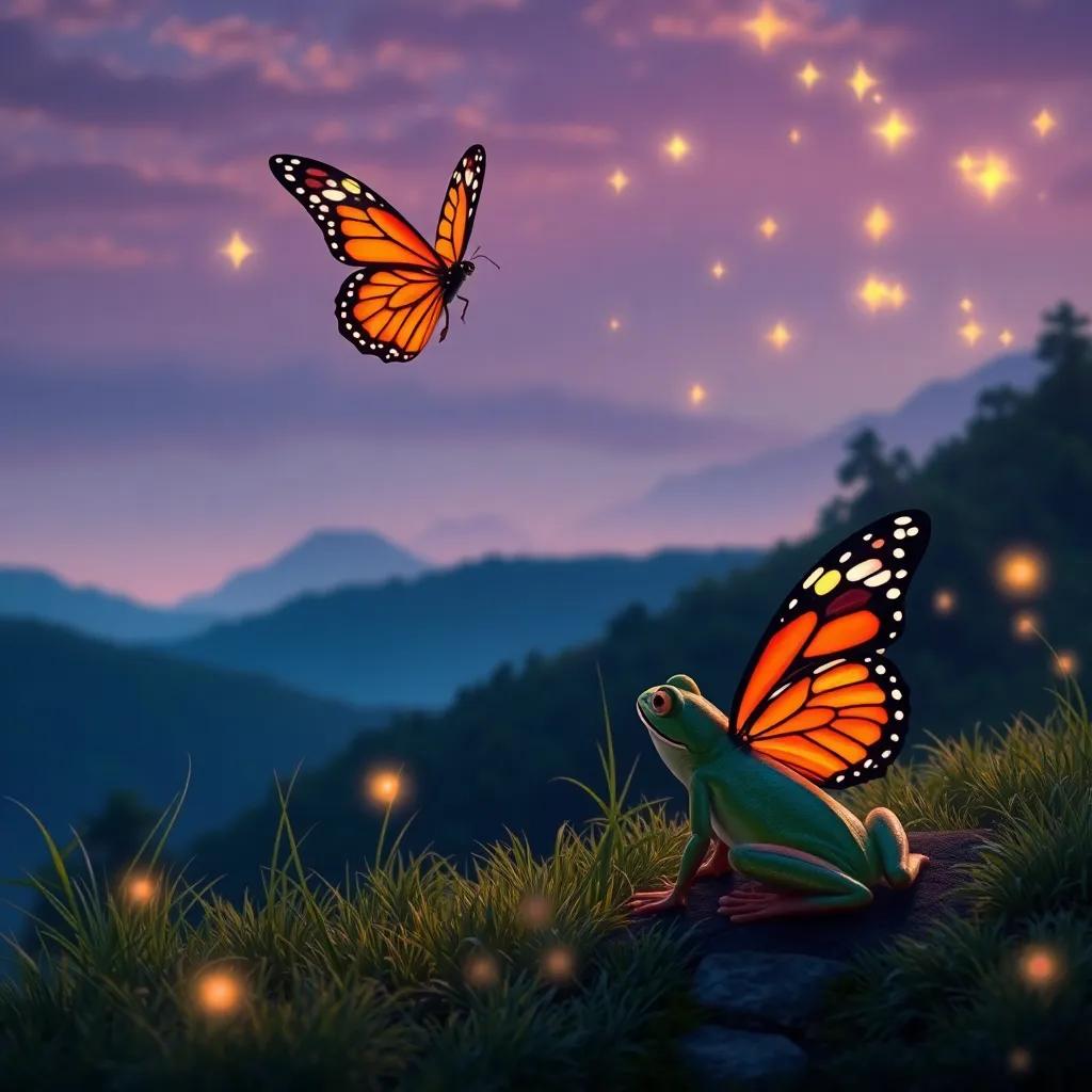 A beautiful evening scene of a butterfly and a frog by the hillside, looking at the glowing stars, symbolizing dreams and new adventures ahead, enchanting and warm colors