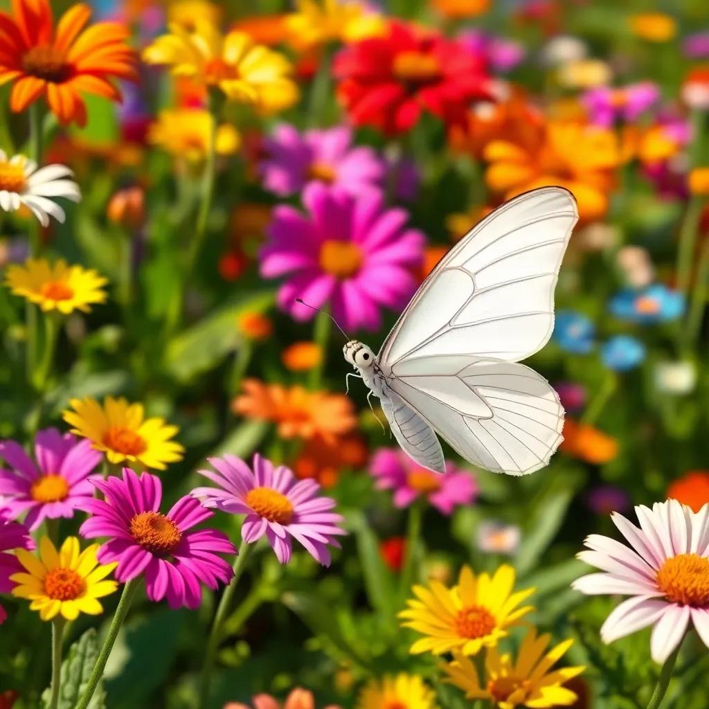 A beautiful white butterfly named Bella, flying among colorful flowers in a vibrant garden, sunny day, digital art, detailed, bright colors, cheerful atmosphere, high quality