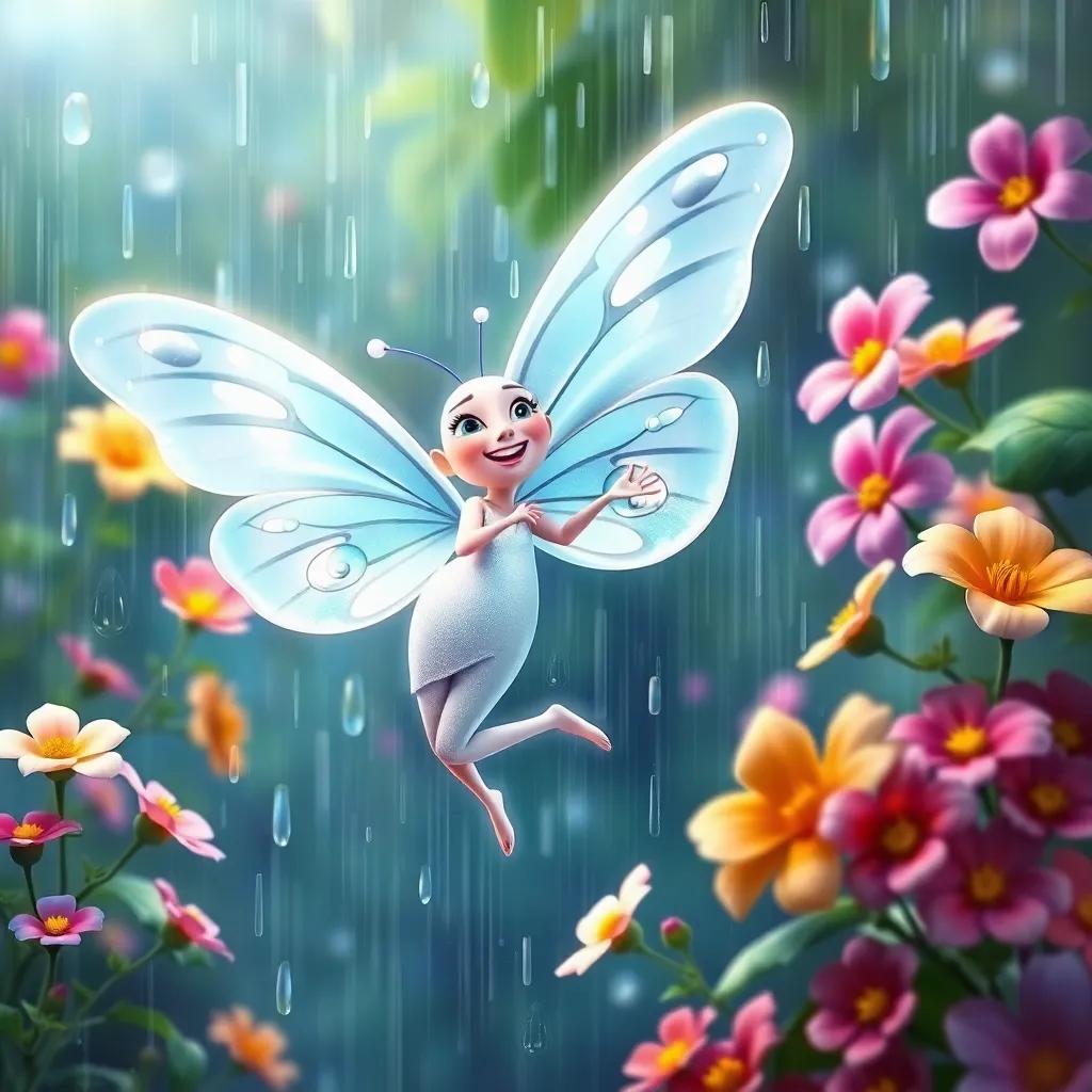 Bella, the white butterfly, dancing in the rain with raindrops falling around her, joyful, colorful flowers swaying, happy spirit, digital painting, vibrant, magical scene, high quality