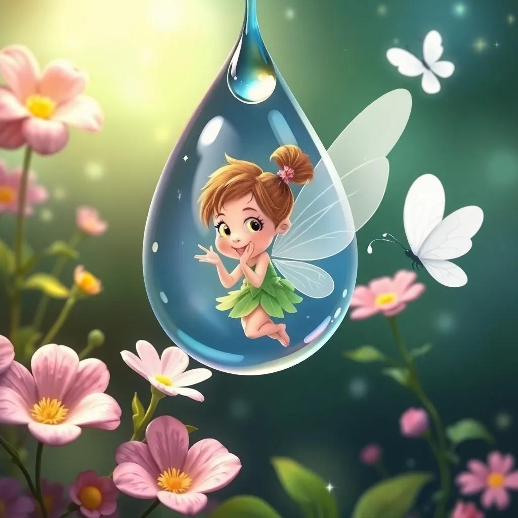 A small fairy emerging from a raindrop, playful and friendly, surrounded by flowers and Bella, the white butterfly, with a sparkling background, whimsical, bright colors, enchanting illustration, high quality