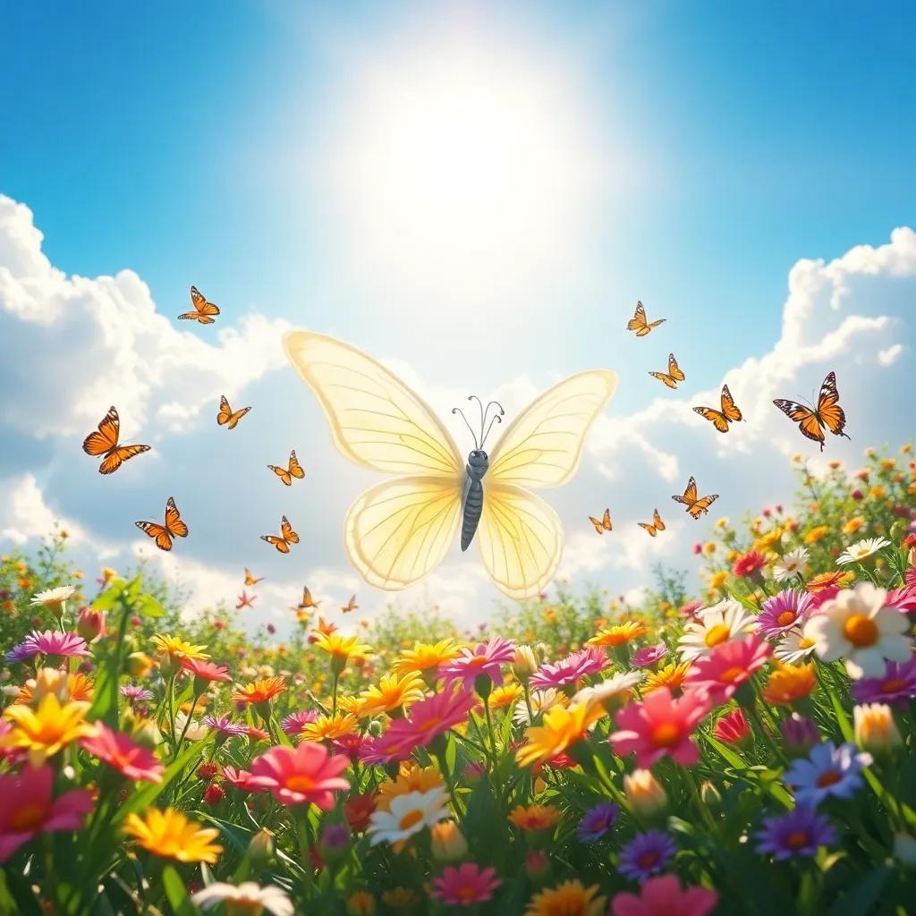 A bright sun shining through the clouds as Bella, the white butterfly, dances with other butterflies creating a colorful rainbow in the garden, beautiful, uplifting, cheerful ambiance, high quality