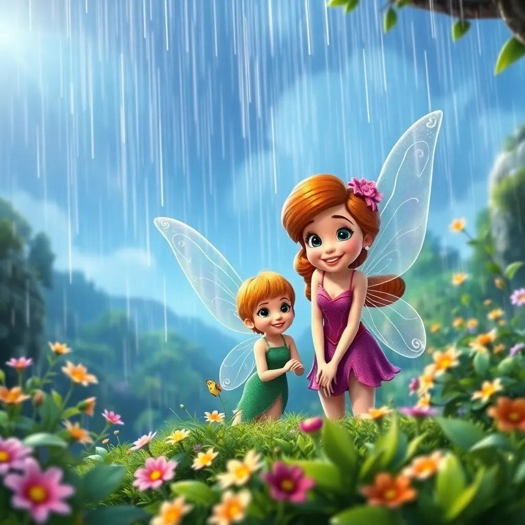 Bella and the fairy smiling together under a magical rain shower, an adventure-filled atmosphere, surrounded by lush greenery and flowers, vibrant colors, picturesque view, high quality