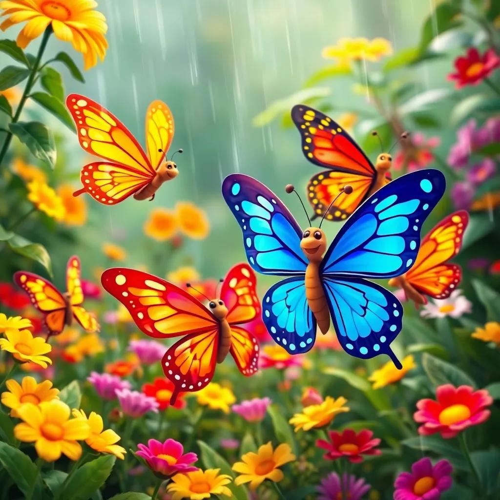 A group of butterflies, including Bella, dancing and fluttering joyfully in a colorful garden after the rain, cheerful and animated, vivid colors, happiness in the air, high quality