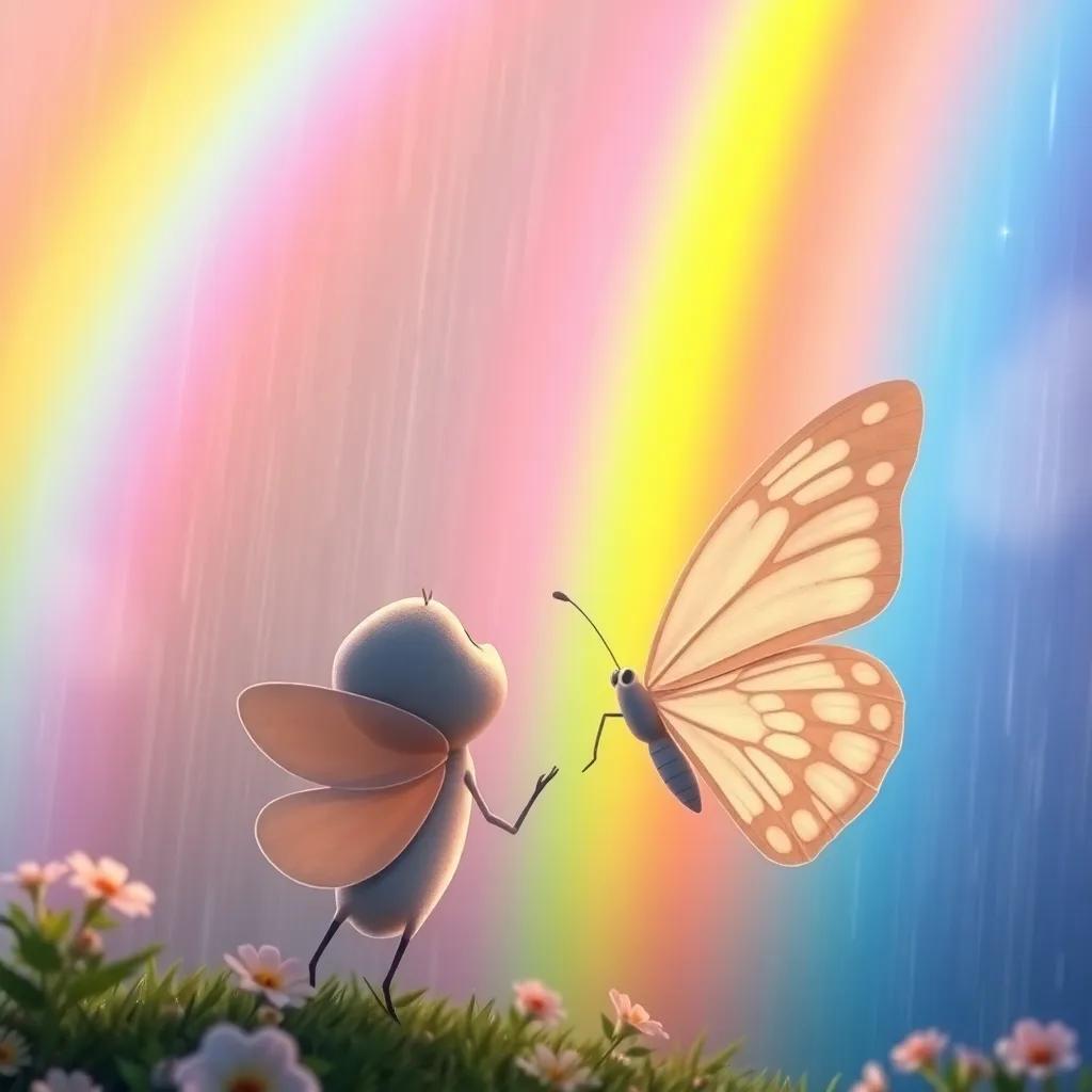 Bella, the white butterfly, gazing at the colorful rainbow formed in the sky after the rain, feeling grateful and happy, vivid colors, magical view, high quality
