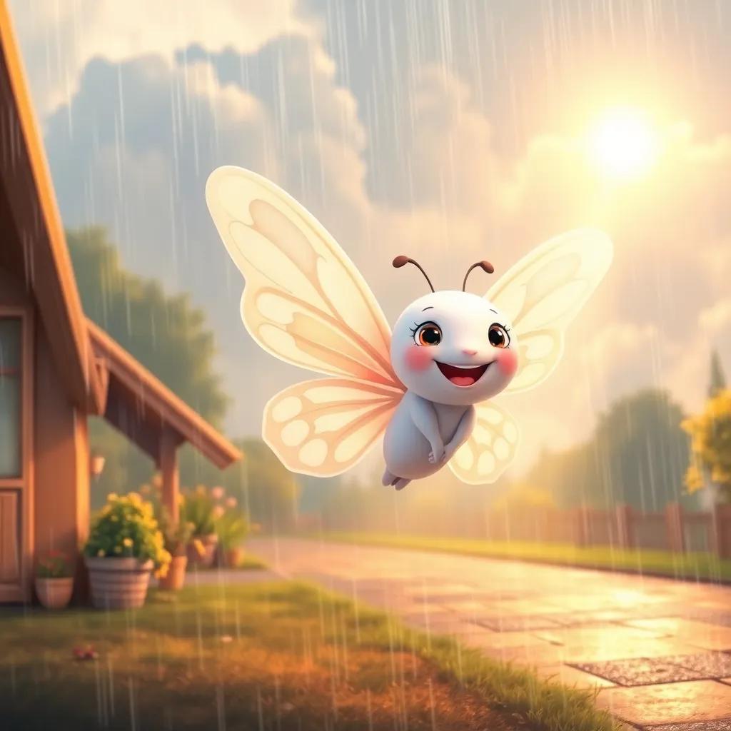 Bella, the white butterfly, flying back home with smiles after a fun day in the rain, sunlight breaking through the clouds, warm colors, cozy atmosphere, high quality