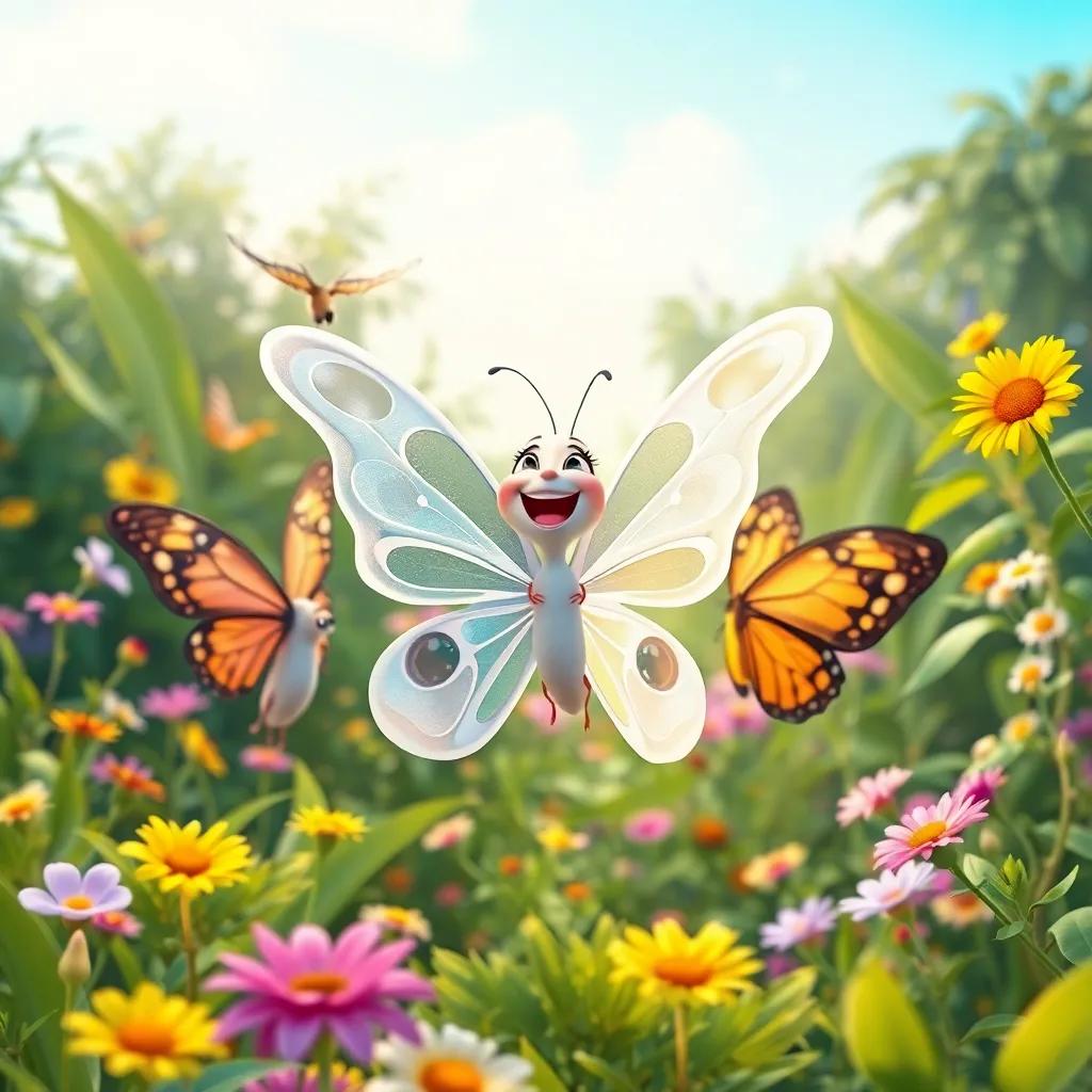 Bella, the white butterfly, celebrating life with her friends in the garden, joyous and lively, bright colors, beautiful scenery, high quality