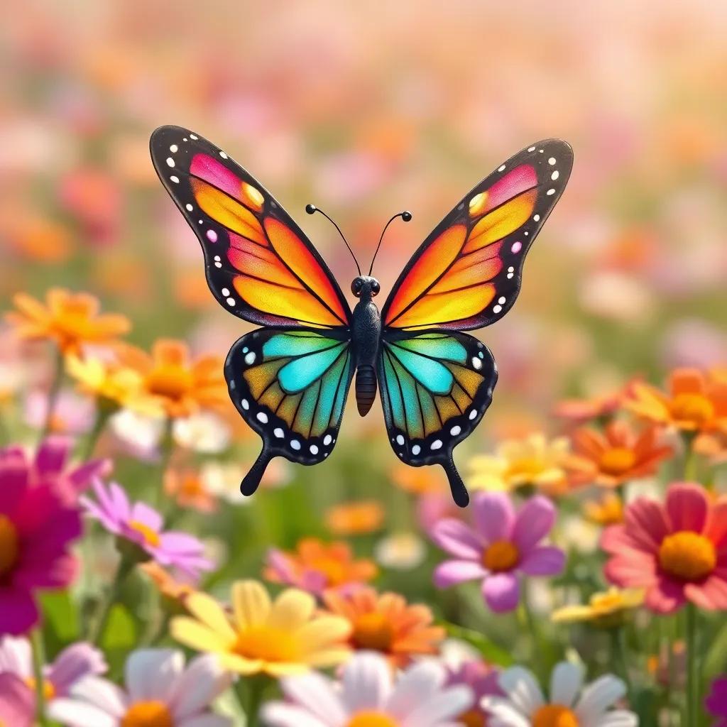 A butterfly named Lila with rainbow-colored wings flying over a flower field, surrounded by dancing flowers, digital art, vibrant colors, cheerful atmosphere, engaging perspective, high quality
