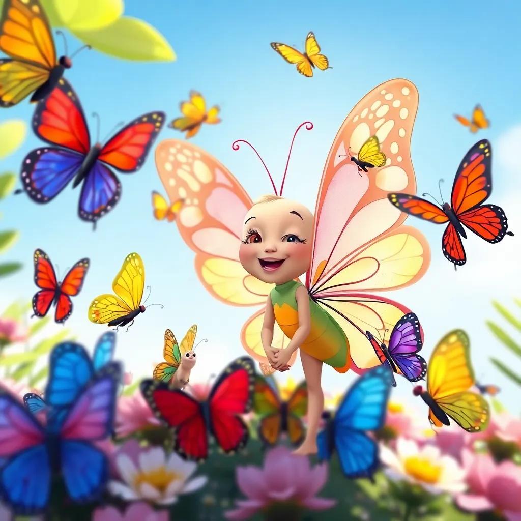 Lila the butterfly happily gathering her butterfly friends, all with colorful wings, under a clear blue sky, illustration, joyful vibe, child-friendly, bright details