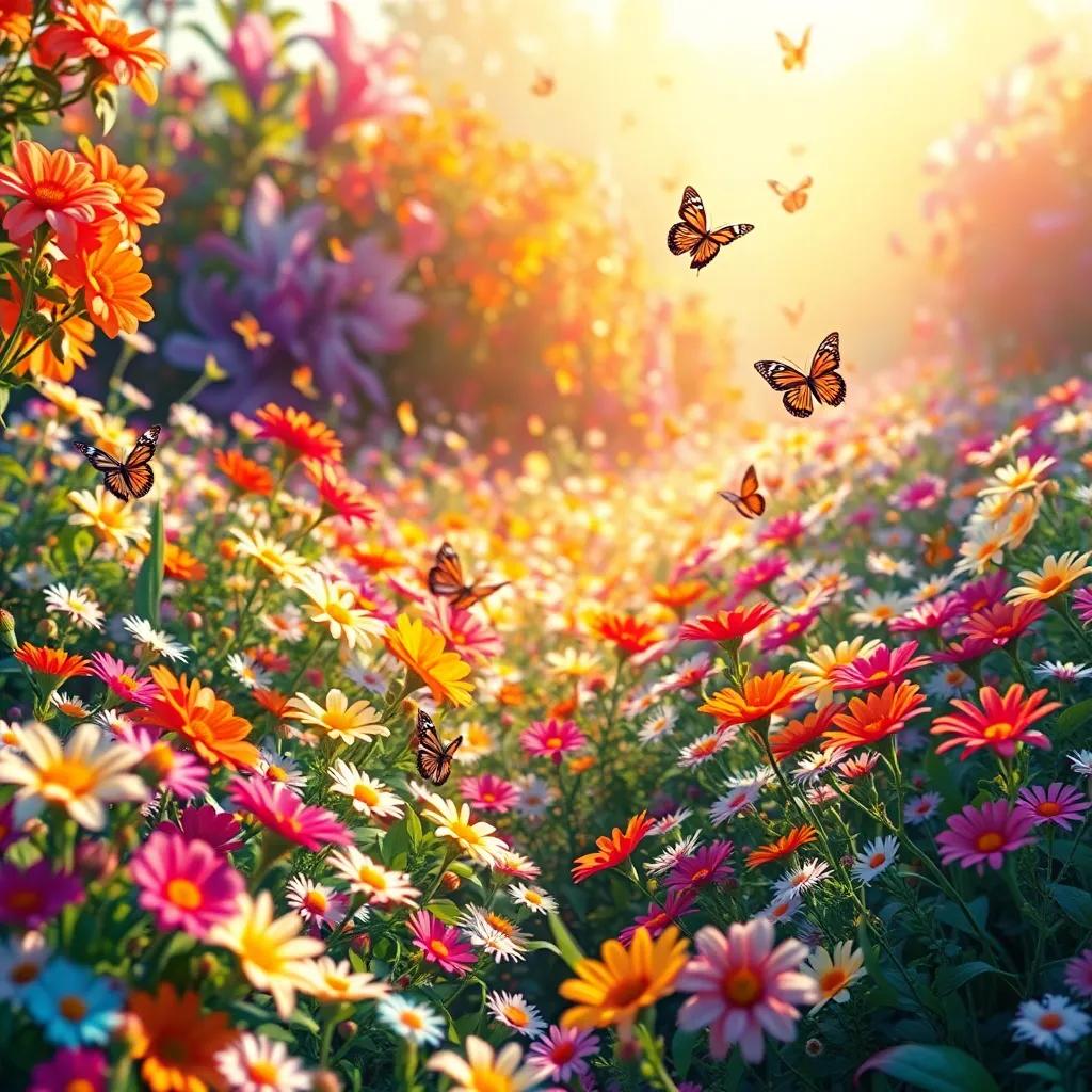 A magical garden blooming with sparkling flowers of all colors, where butterflies dance joyfully around, colorful and enchanting scenery, warm sunlight, vibrant colors, inviting quality, high quality