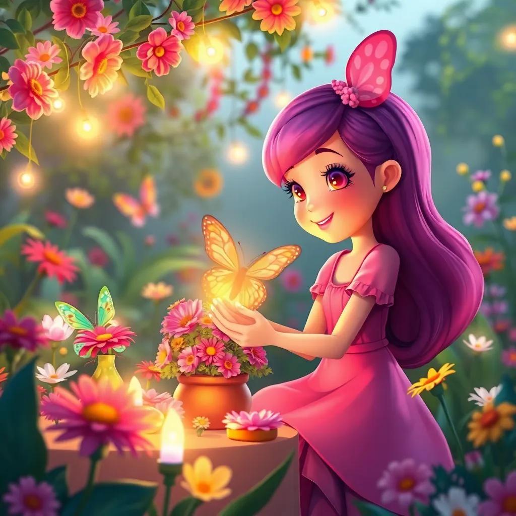 Lila organizing the flower party with her butterfly friends, decorating with flowers and magical lights in the garden, festive and cheerful atmosphere, illustration, warm colors, engaging perspective, art style