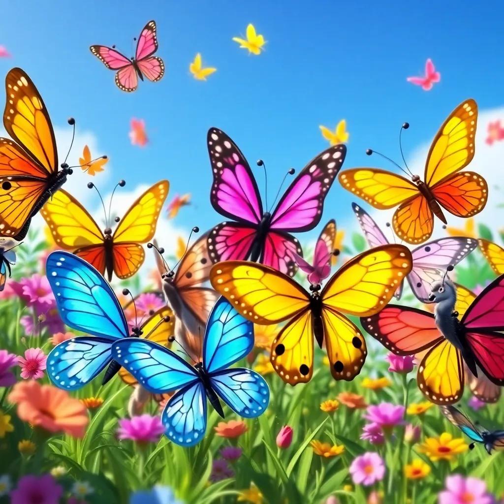 Butterflies of various colors dancing together in the garden party, smiling and laughing, under the blue sky, joyful celebration, bright and colorful, captivating details, high quality