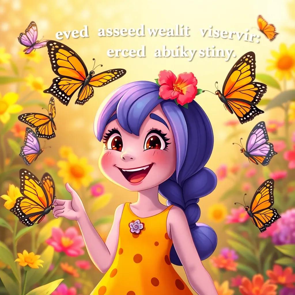 Lila happily reminding her friends about friendship, surrounded by butterflies nodding and smiling, vibrant garden background, illustration, warm tones, uplifting atmosphere, detailed image
