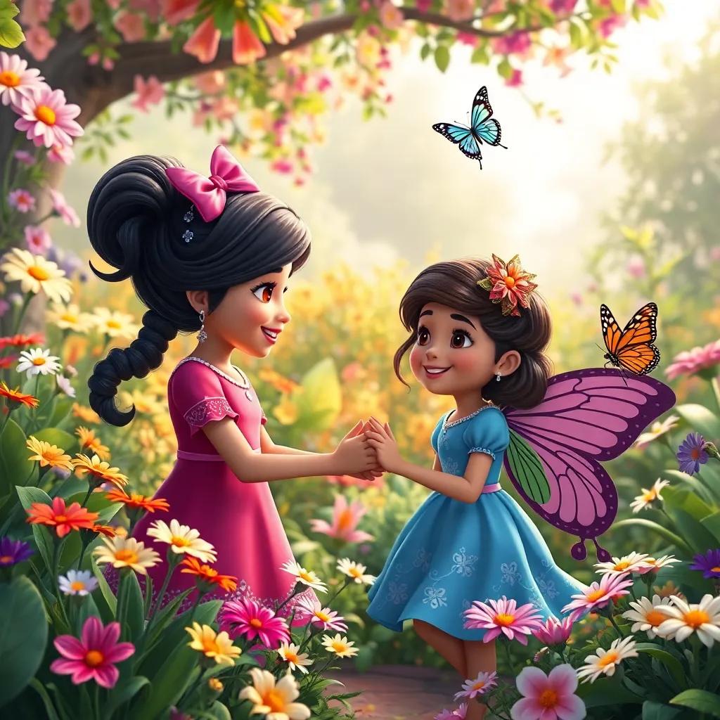 Lila and her friends making a promise to protect each other in a beautiful garden, with colorful flowers and butterflies smiling, heartwarming view, rich colors, inviting perspective, high quality