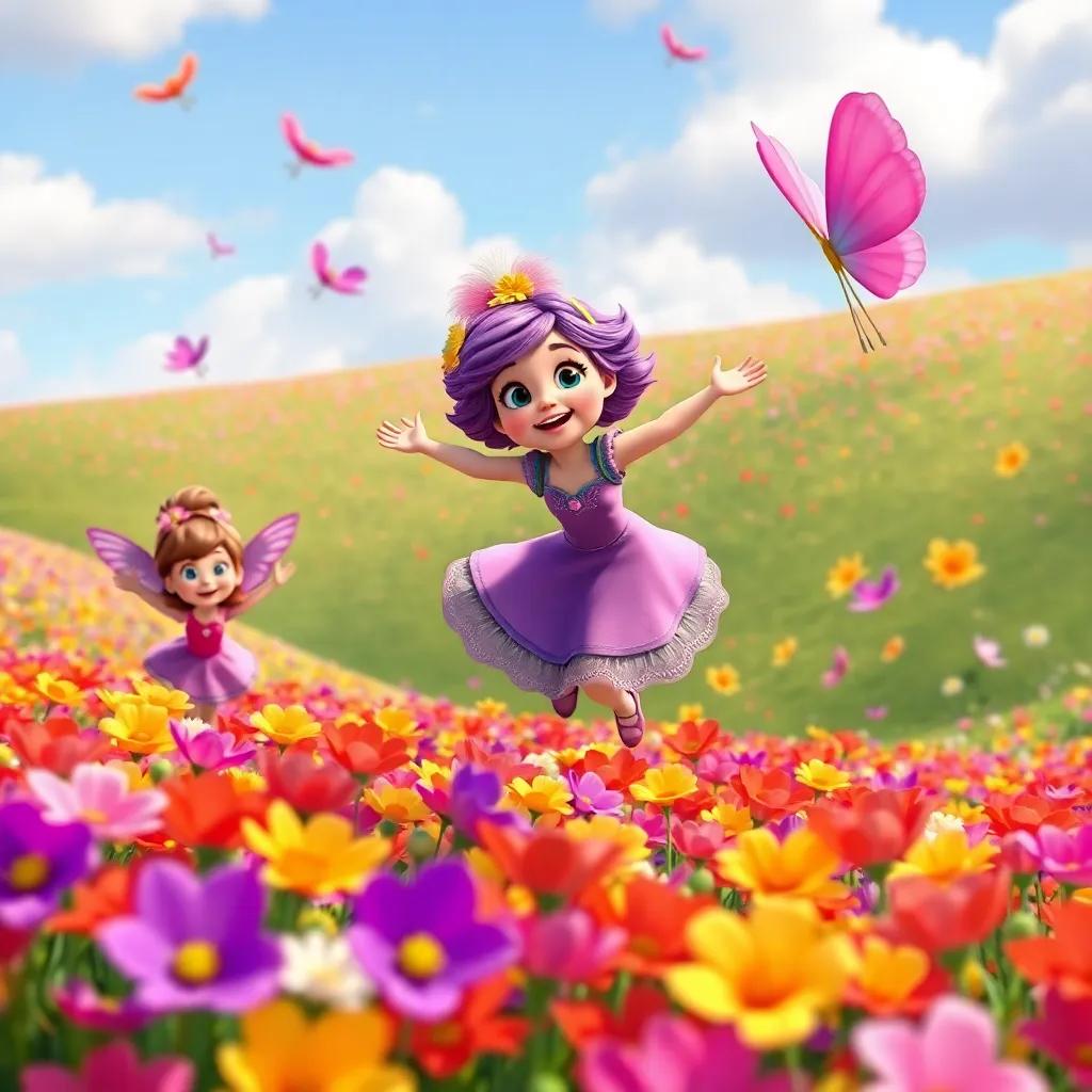 Lila flying with her friends in the flower field, beautifully colorful scenery, as they recall their special party, cheerful and vibrant atmosphere, detailed landscape, engaging view, high quality