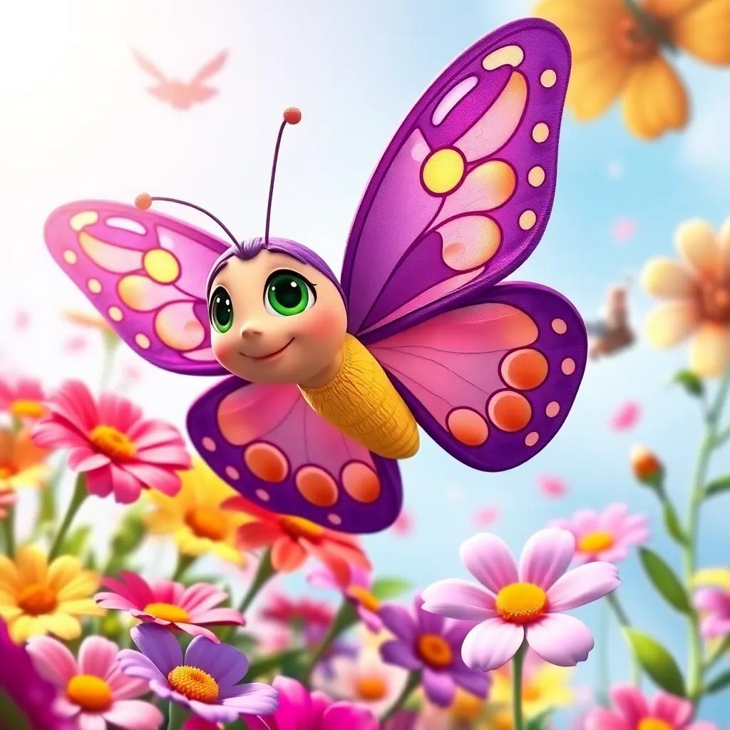 Lila the butterfly enjoying her adventures with her friends, flying over colorful flowers, with happy memories and smiles, bright and beautiful, lovely atmosphere, animated style, engaging perspective