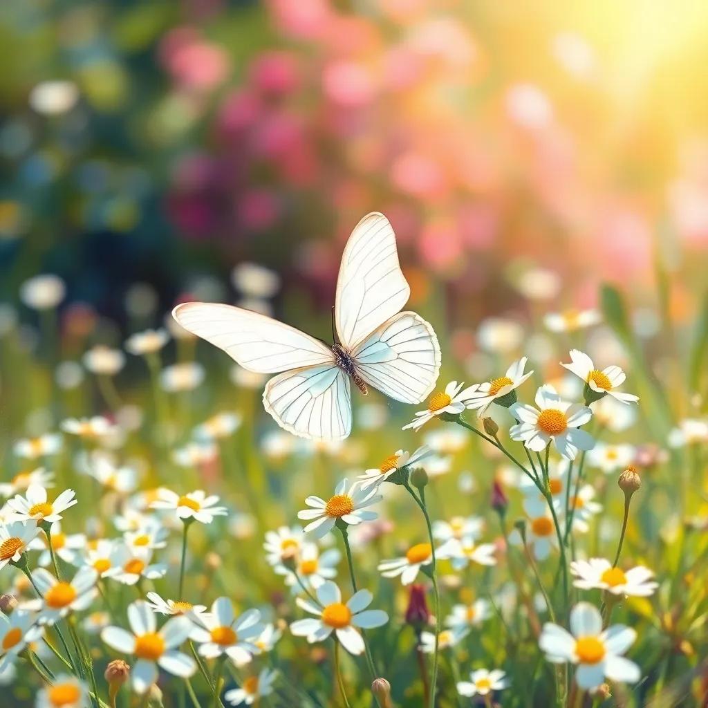 A beautiful white butterfly fluttering lightly among white flowers in a sunny meadow, digital art, vibrant colors, bright and cheerful atmosphere, high quality