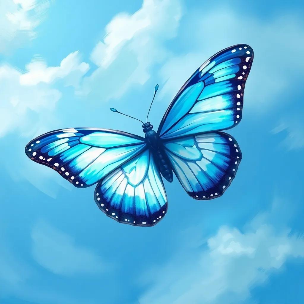 A stunning butterfly with white and blue wings soaring high against a clear sky, joyful and playful scenery, digital illustration, vivid blue hues, enchanting