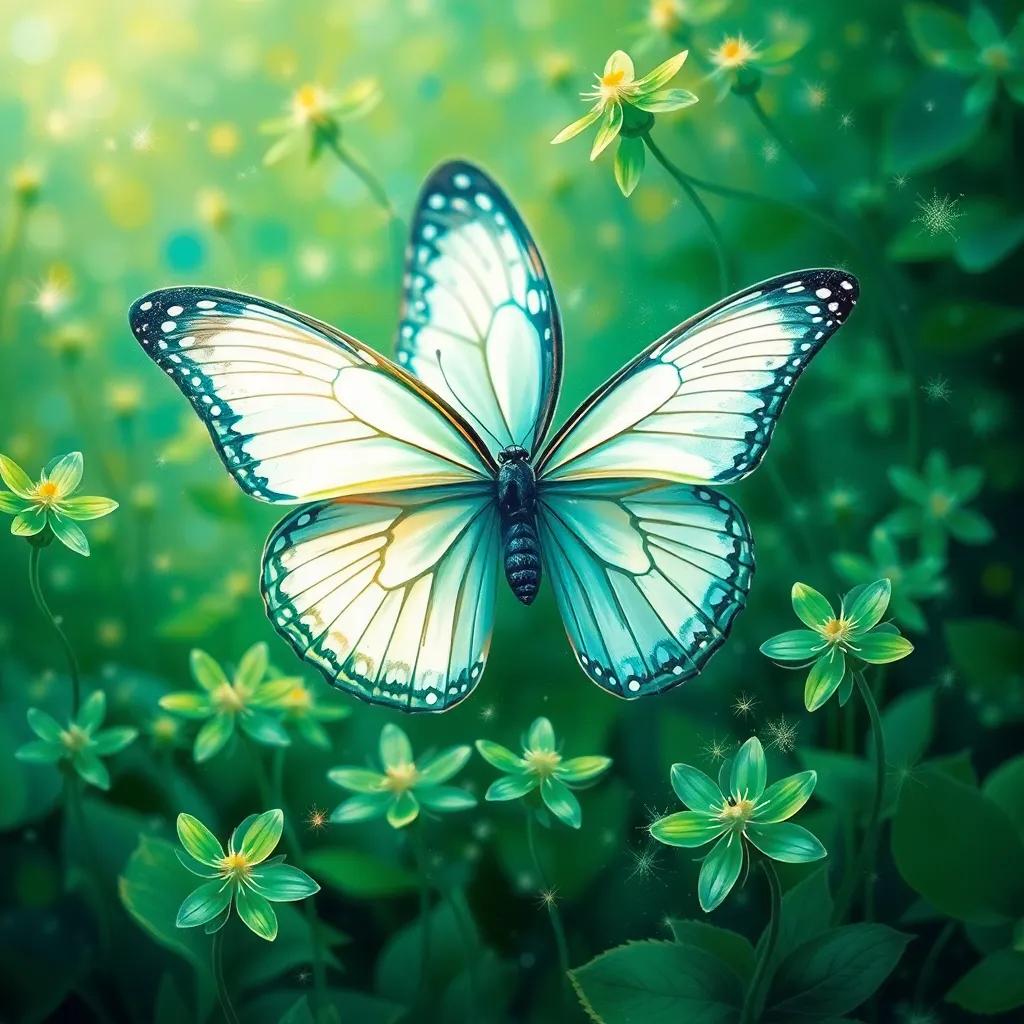 A white, blue, and green butterfly dancing amidst bright green sparkling flowers, capturing the essence of nature, detailed digital art, lively color palette, uplifting