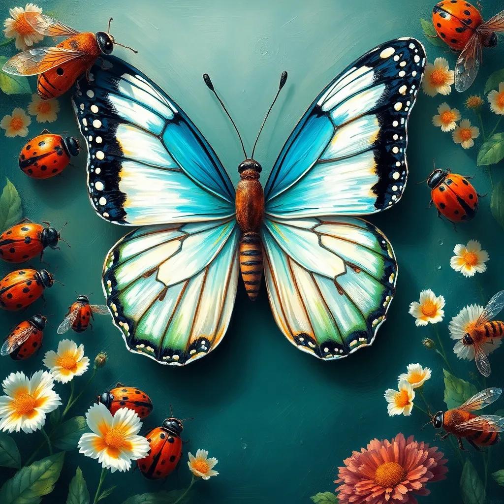A fascinating butterfly showcasing its white, blue, and green wings surrounded by amazed ladybugs and bees, friendly atmosphere, colorful illustration, high quality