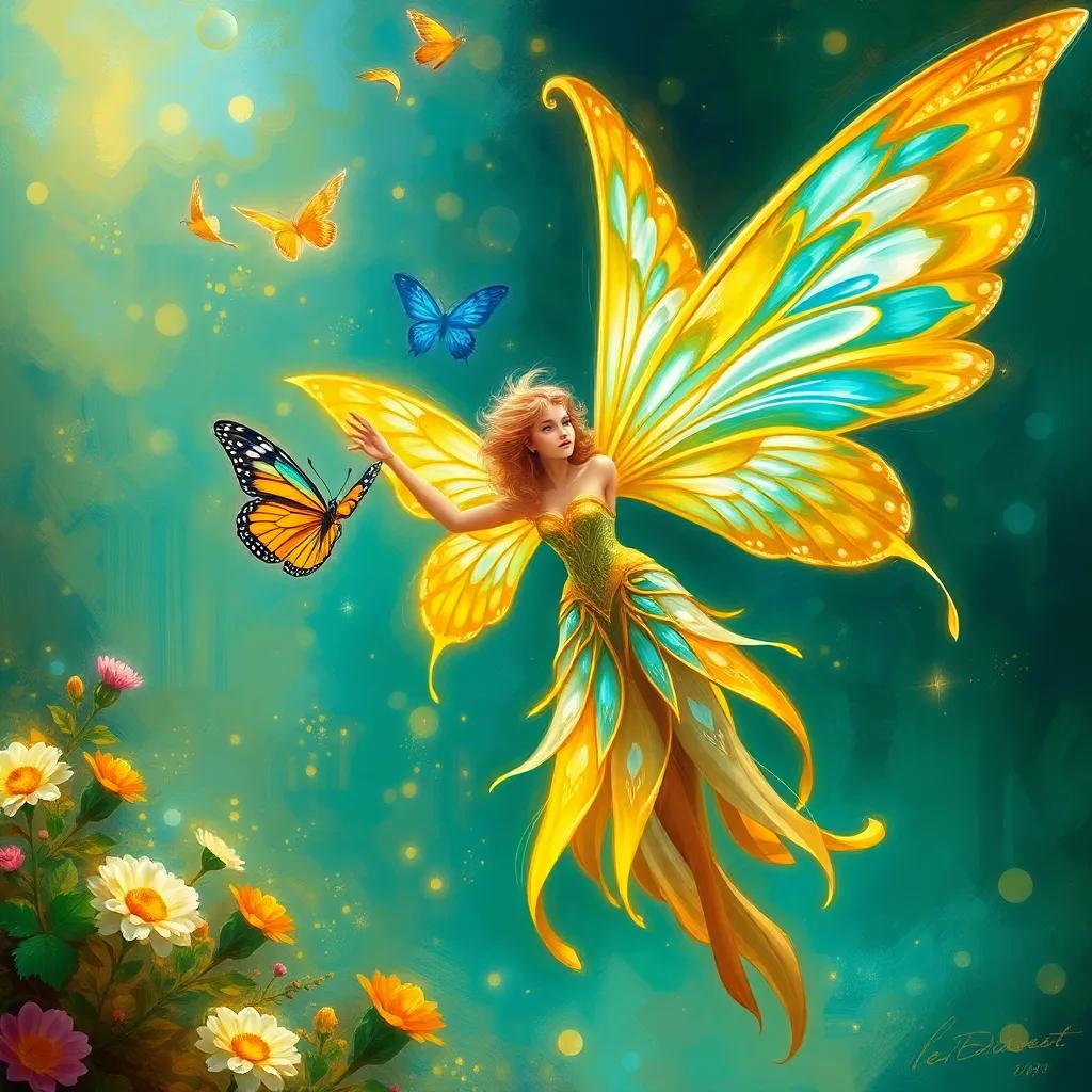 A beautiful golden fairy casting a spell on the butterfly, as her wings transform into white, blue, green, and golden colors, magical scenery, enchanting digital art, vibrant