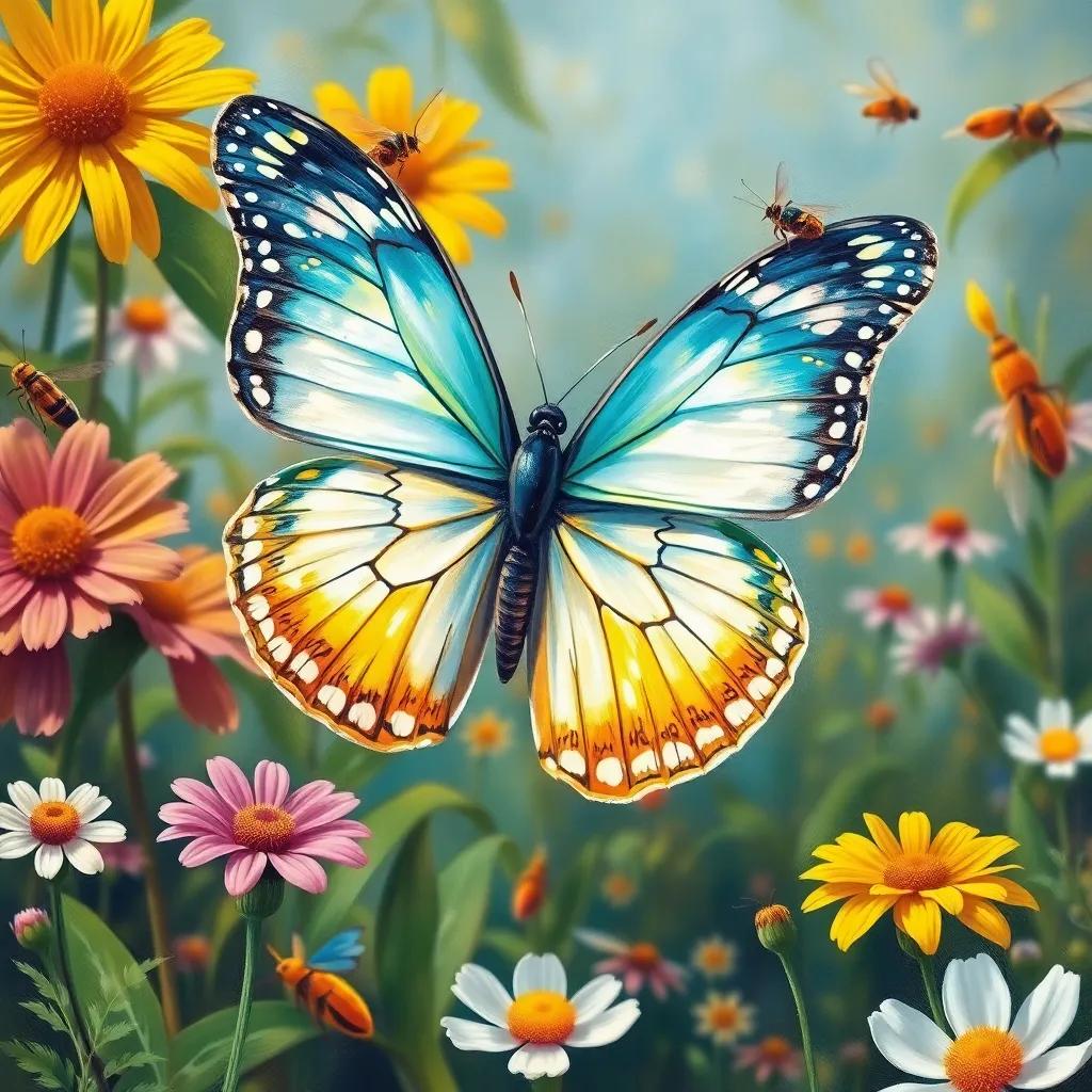 A stunning butterfly with a mix of white, blue, green, and golden wings, spreading joy among delighted insects in a sunny garden, cheerful, bright colors, high quality