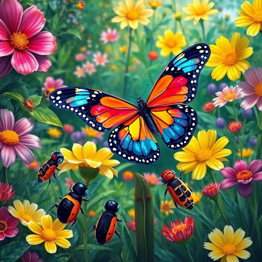 A group of happy insects admiring the multicolored butterfly in a blooming garden, vibrant flowers, and lush greenery, joyous digital illustration, colorful and engaging