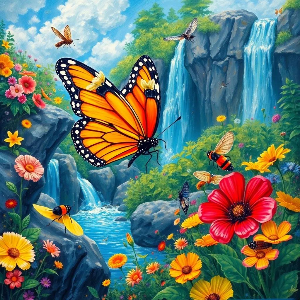 A vibrant scene depicting the butterfly and her new insect friends exploring new places filled with colorful flowers and waterfalls, adventurous atmosphere, detailed art, bright colors