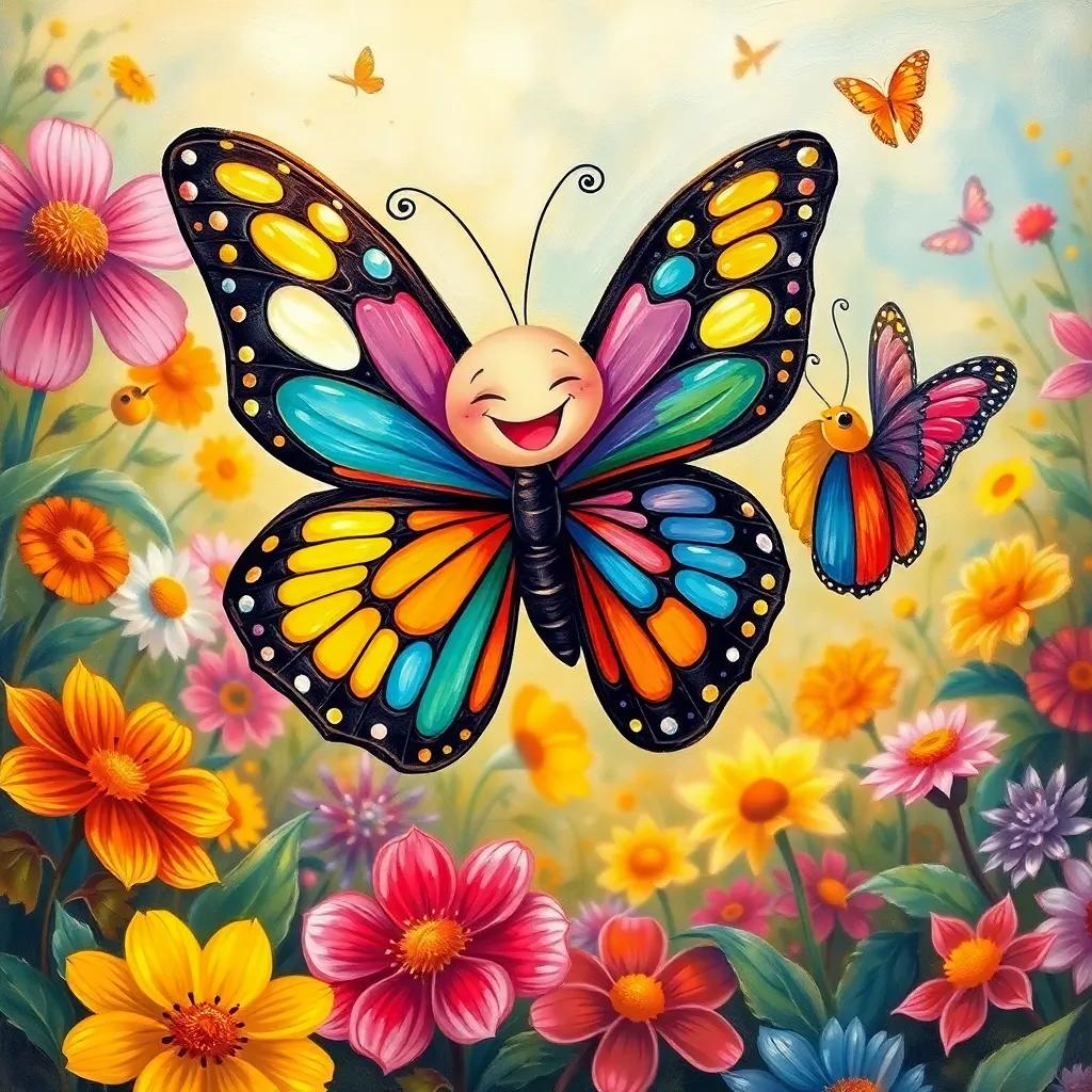 The colorful butterfly smiling and flying with her friends in a beautiful garden, showcasing joy and friendship, warm colors, heartwarming illustration, high quality