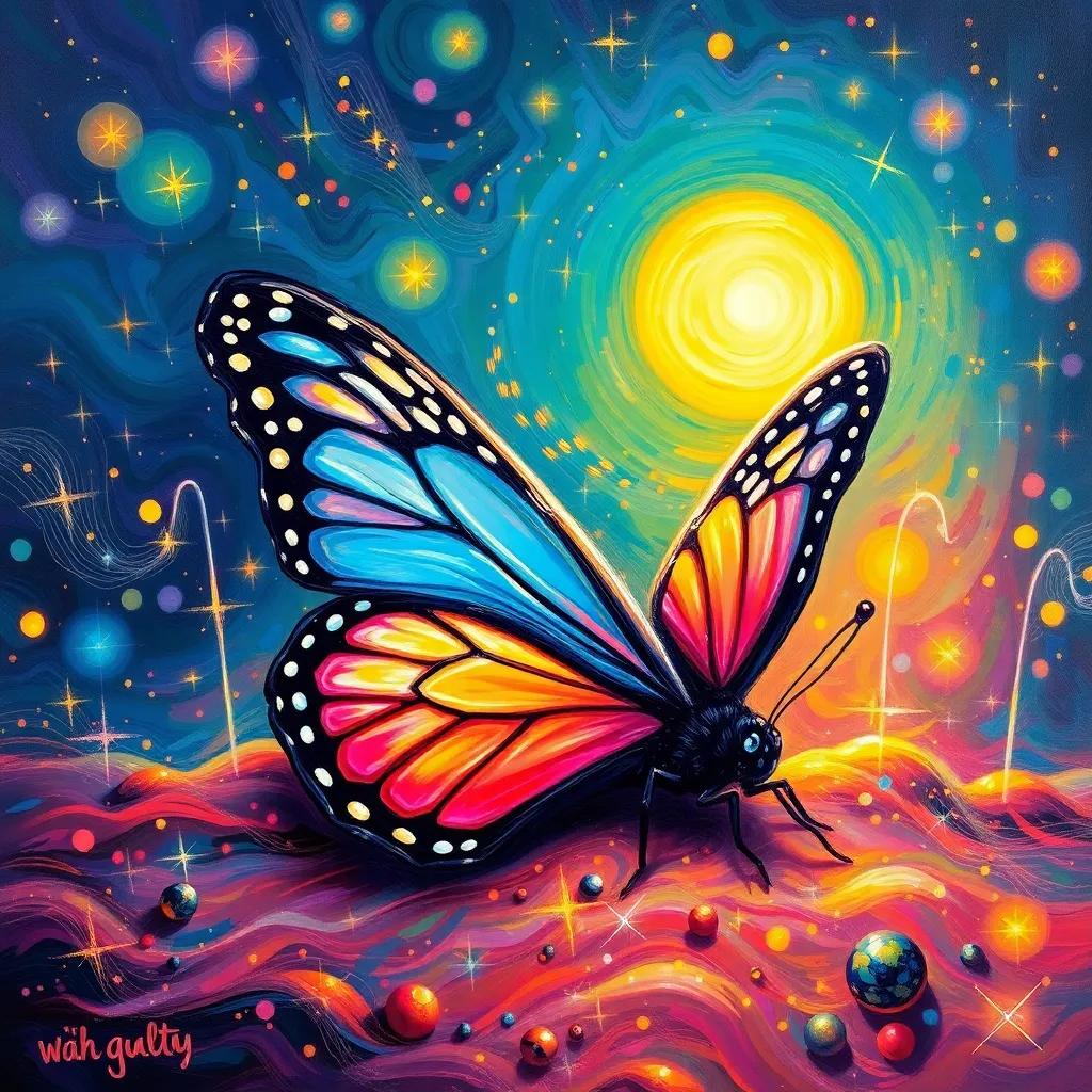 The butterfly relaxing under a glowing sunset, surrounded by sparkling colors, symbolizing happiness and uniqueness, magical atmosphere, bright hues, high quality