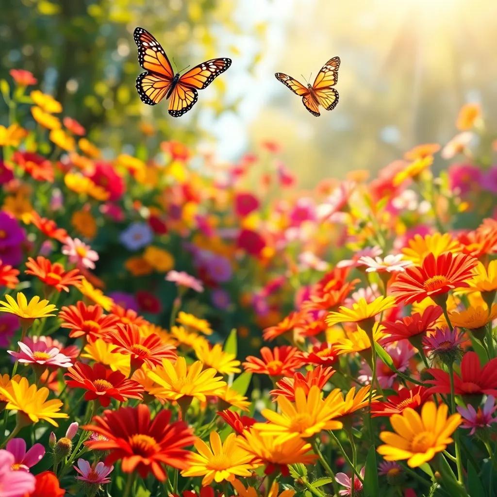 A beautiful garden filled with bright and colorful flowers, a colorful butterfly flying above, sunlight shining through the petals, digital art, vibrant colors, cheerful atmosphere, high quality