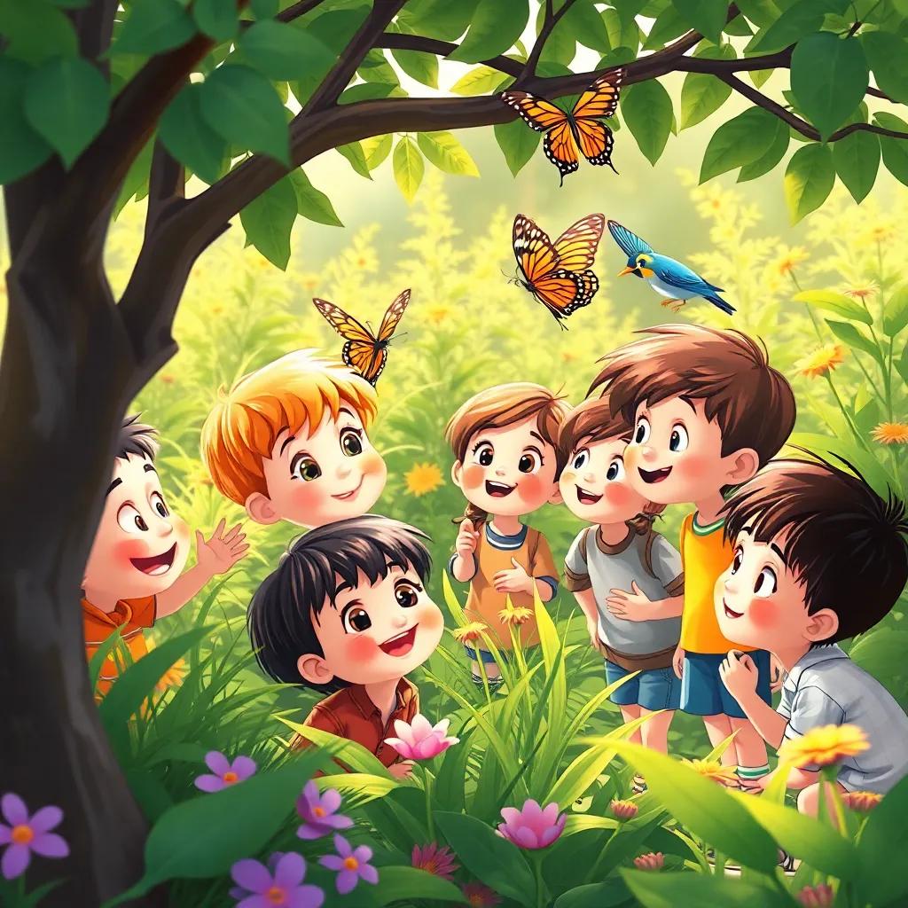 A group of curious children looking around the garden, asking birds about the butterfly, cheerful expressions, playful poses, illustration, bright colors, friendly atmosphere, high quality