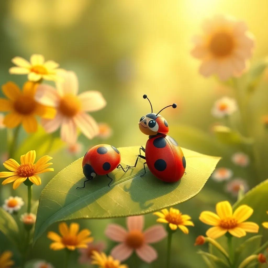 A ladybug sitting on a leaf, talking to the children about nature's cycles, surrounded by flowers, detailed illustration, warm light, inviting scene, high quality