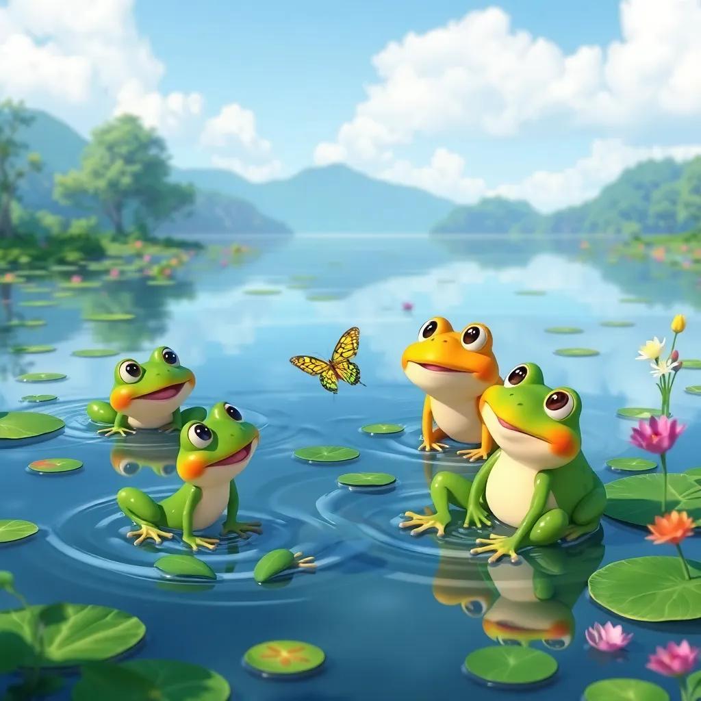 A serene lake with cheerful frogs croaking, the children asking them about the butterfly, playful and lively scene, colorful frogs and nature, high quality
