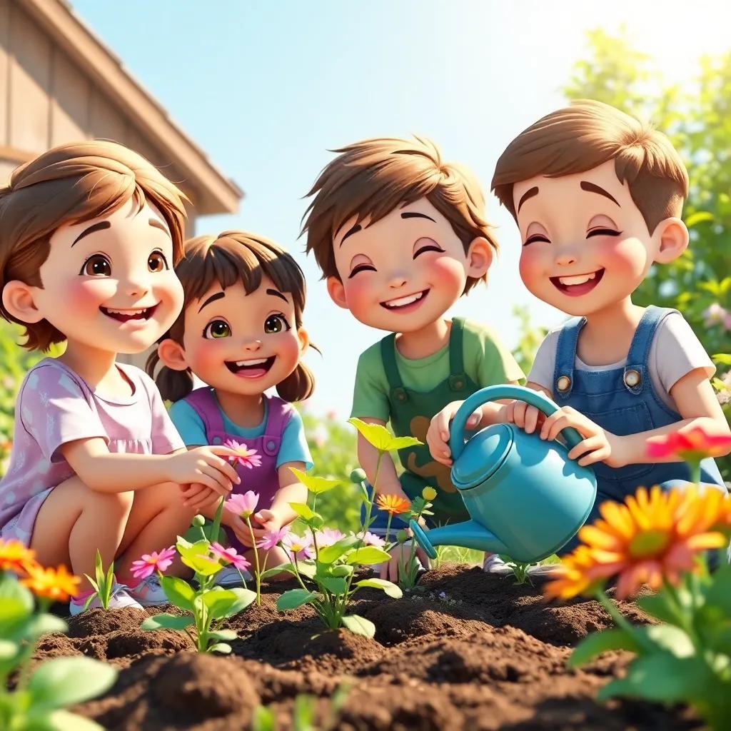 The children smiling and deciding to take care of their garden, planting flowers, watering the plants, bright sunshine, joyful atmosphere, high quality