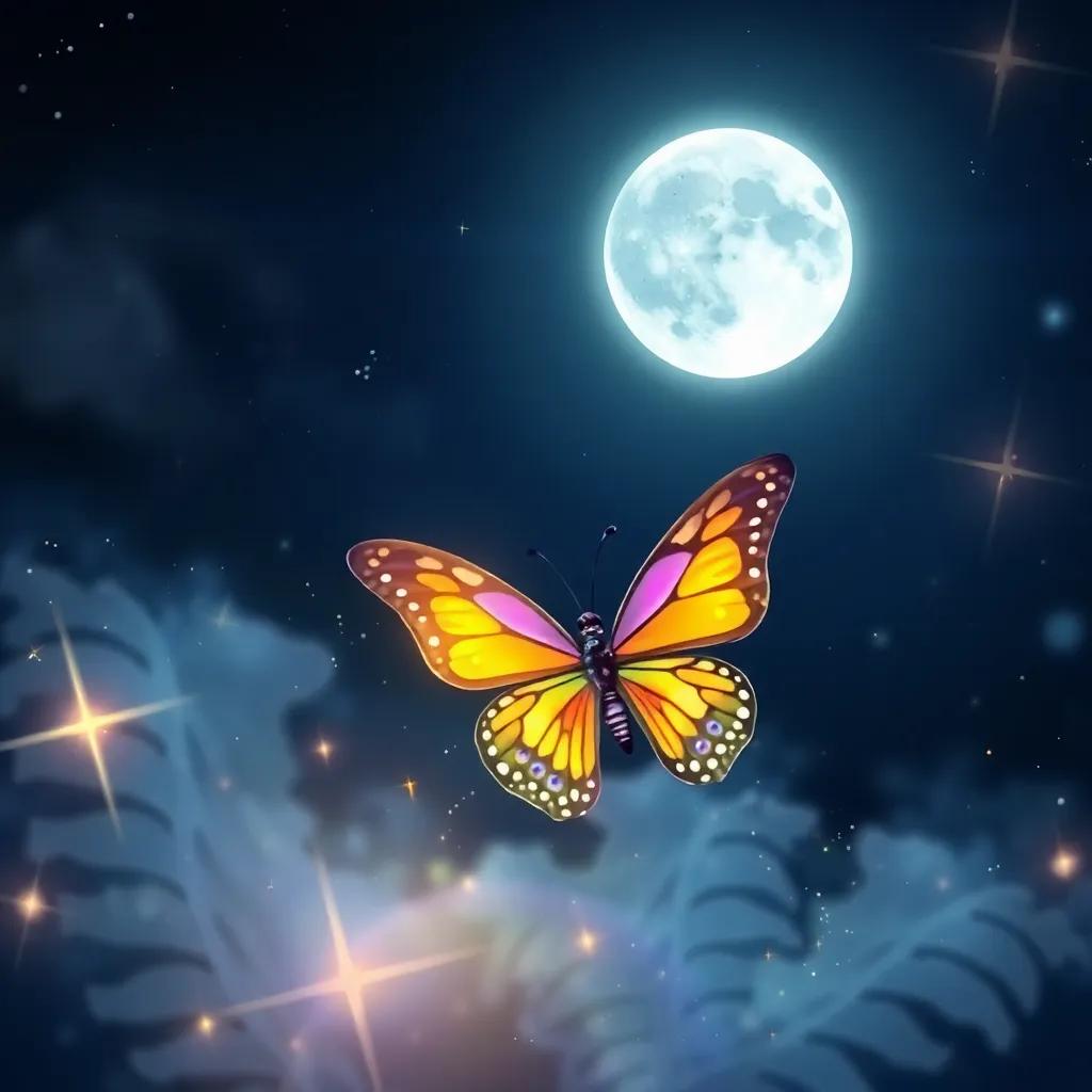 A magical night scene with the moon shining brightly, the colorful butterfly dancing in the moonlight, sparkling stars around, enchanting atmosphere, high quality