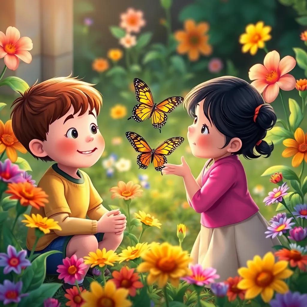 The children watching the butterfly happily return to the garden, their joyful expressions, colorful flowers surrounding them, heartwarming scene, high quality