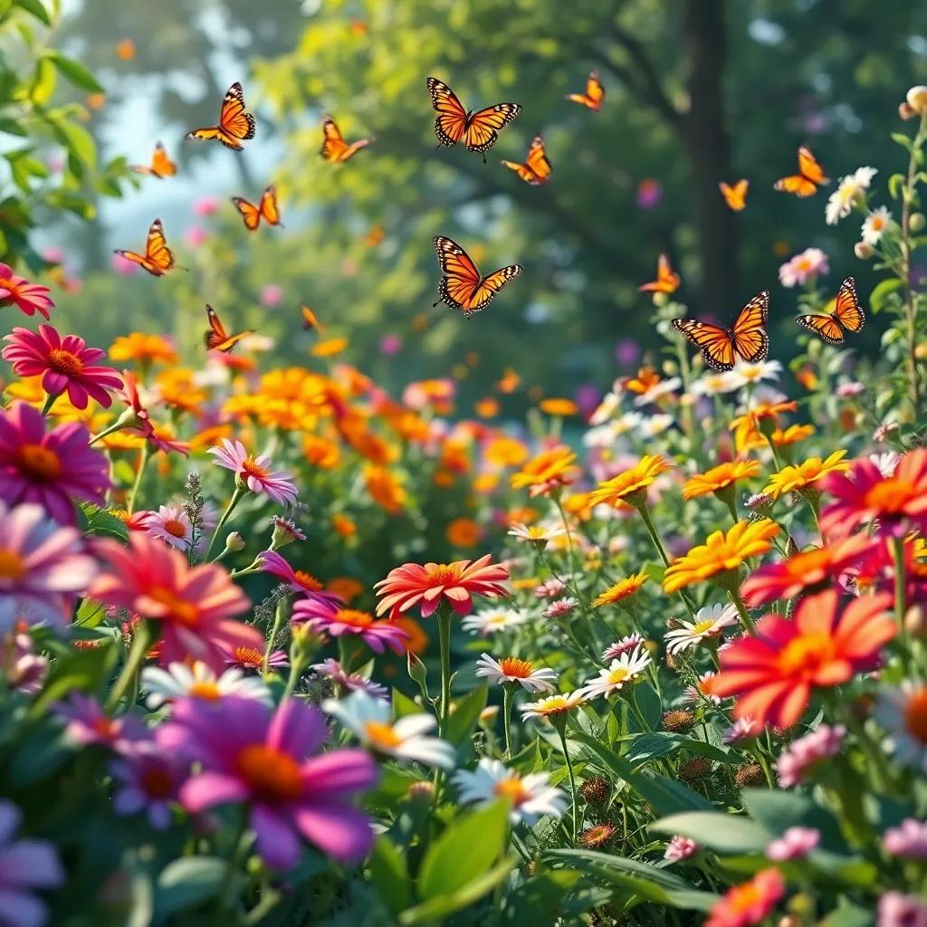 The garden flourishing with flowers and butterflies flying around, filled with joy and beauty, showing the happiness of nature, vibrant colors, inviting atmosphere, high quality