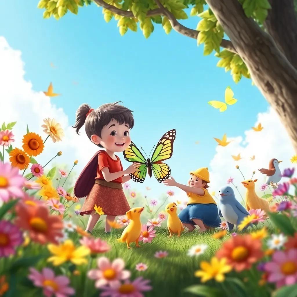 A final scene with the children and the butterfly together, making a promise to care for nature, surrounded by blooming flowers and joyful creatures, bright and cheerful, high quality