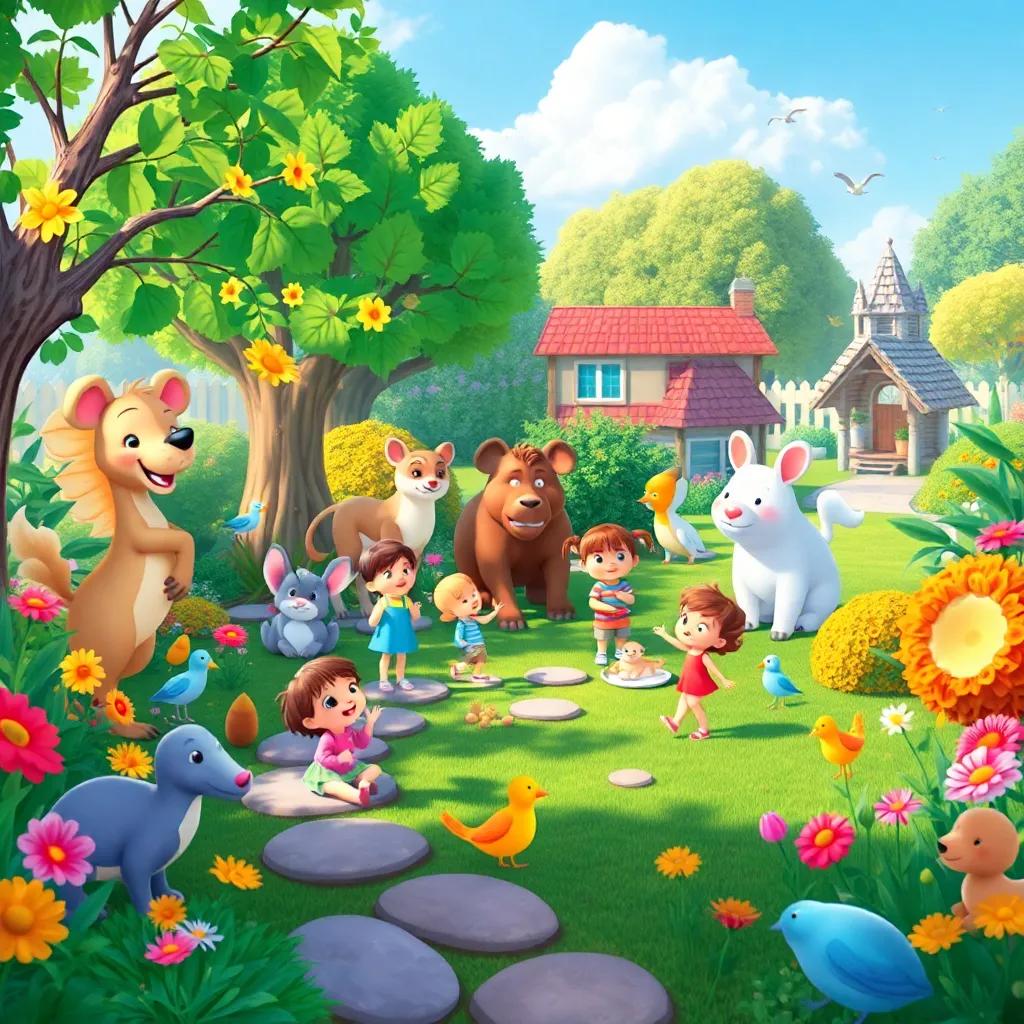 A beautiful, harmonious garden scene with various animals and children playing, all appreciating nature together, colorful and lively, high quality