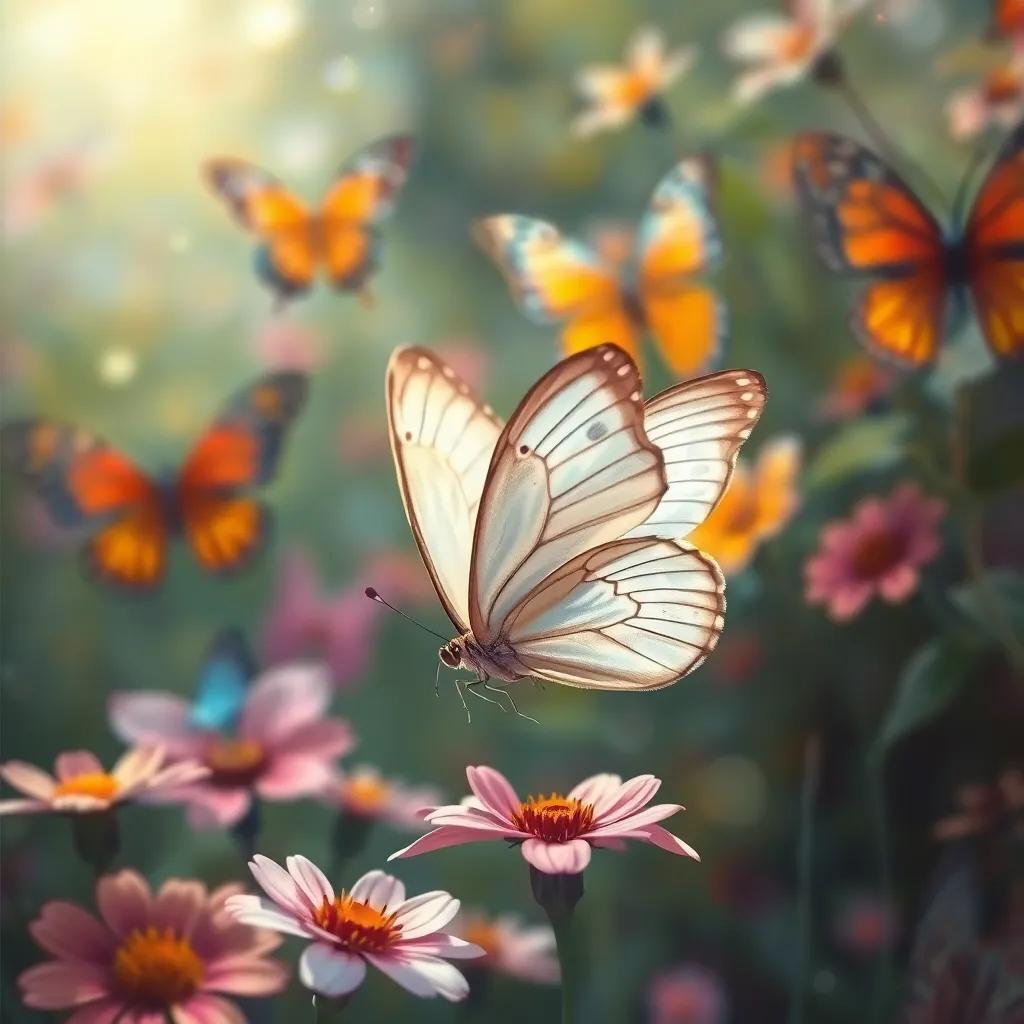 A small butterfly with simple white wings, feeling sad and looking at colorful butterflies in a garden, digital art, soft colors, dreamy atmosphere, high quality