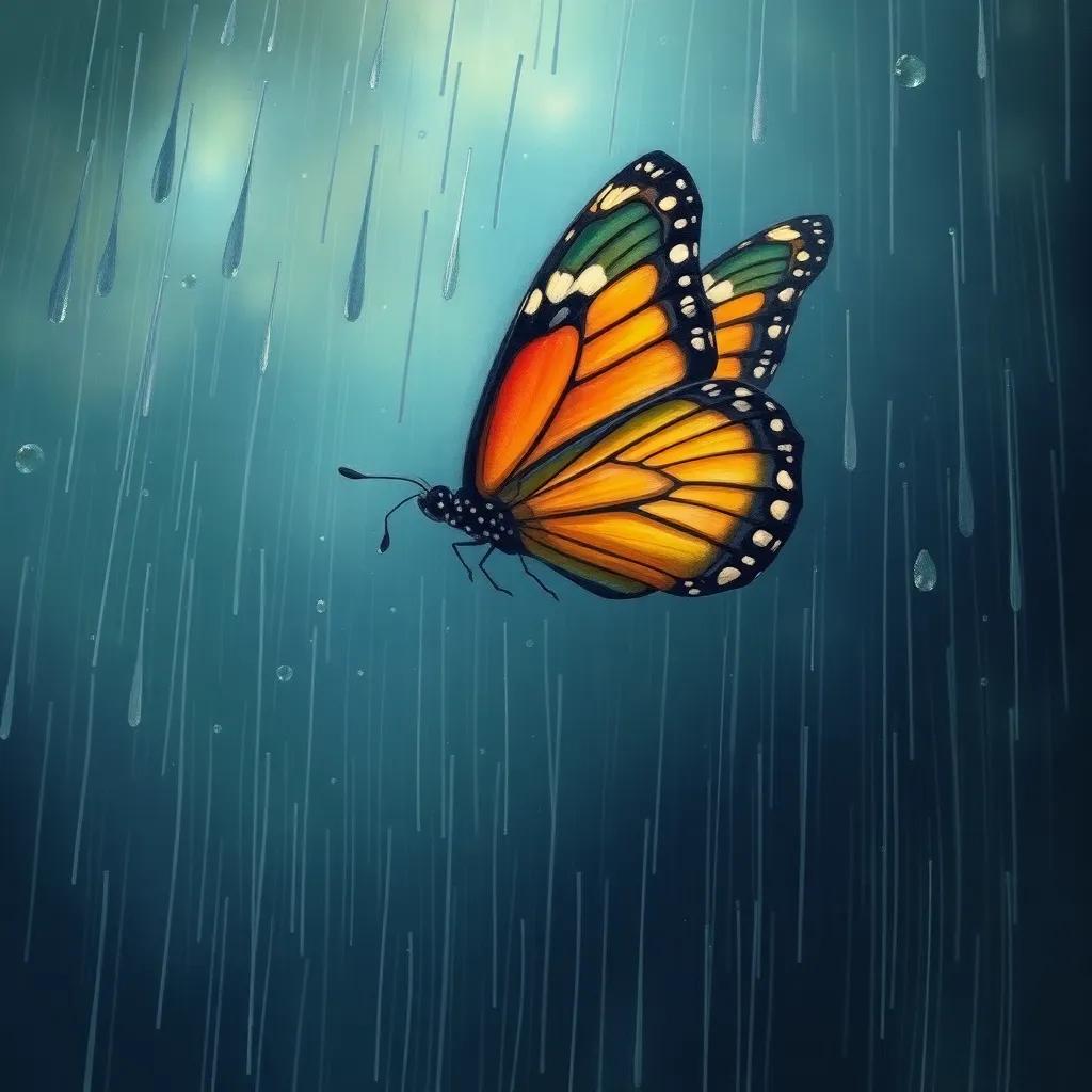 A small butterfly flying through a storm, raindrops and strong winds pushing her down but she perseveres, digital illustration, stormy colors, dramatic light, detailed
