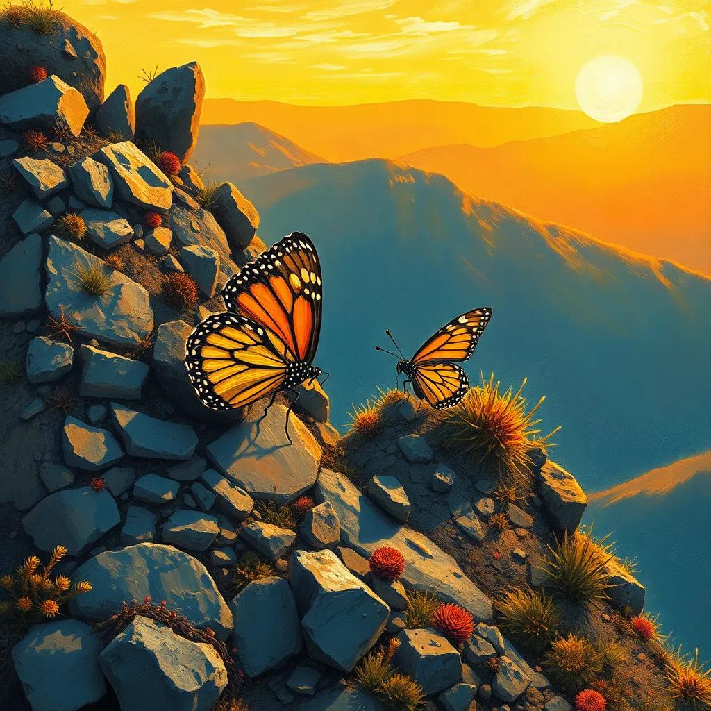 A small butterfly struggling to climb a steep hill with rocks and thorns, showing determination and effort on her face, landscape illustration, warm sunlight, inspiring atmosphere
