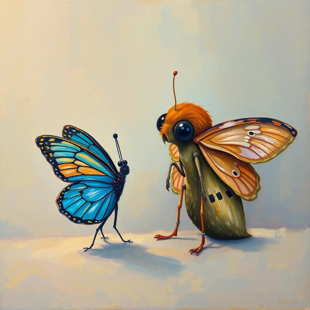 A small butterfly talking to a lonely moth that is crying, both looking empathetic and engaged in conversation, soft colors, warm light, friendly setting