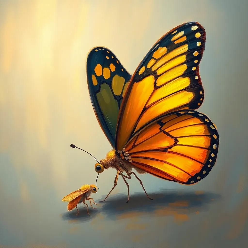 A butterfly with wings gaining golden color after helping a lonely moth, depicting the beauty of empathy, soft focus, gentle hues, uplifting illustration
